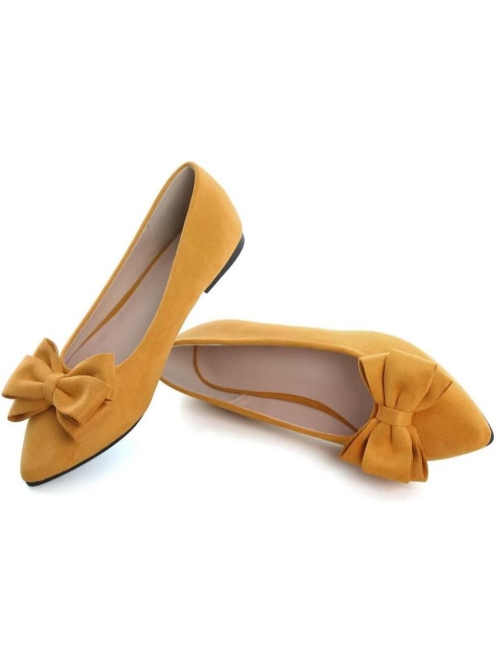 Women's H Yellow Suede Fashion Bowknot Flats Comfort Pointed Toe Dressy Shoes - Picture 4 of 7